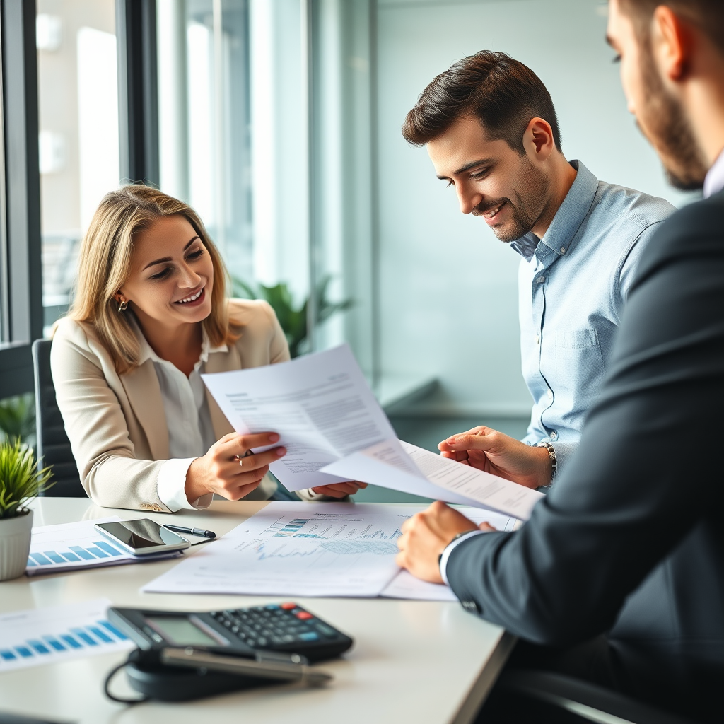Professional consultant reviewing personal loan documents with client, modern office setting with financial charts and calculator on desk