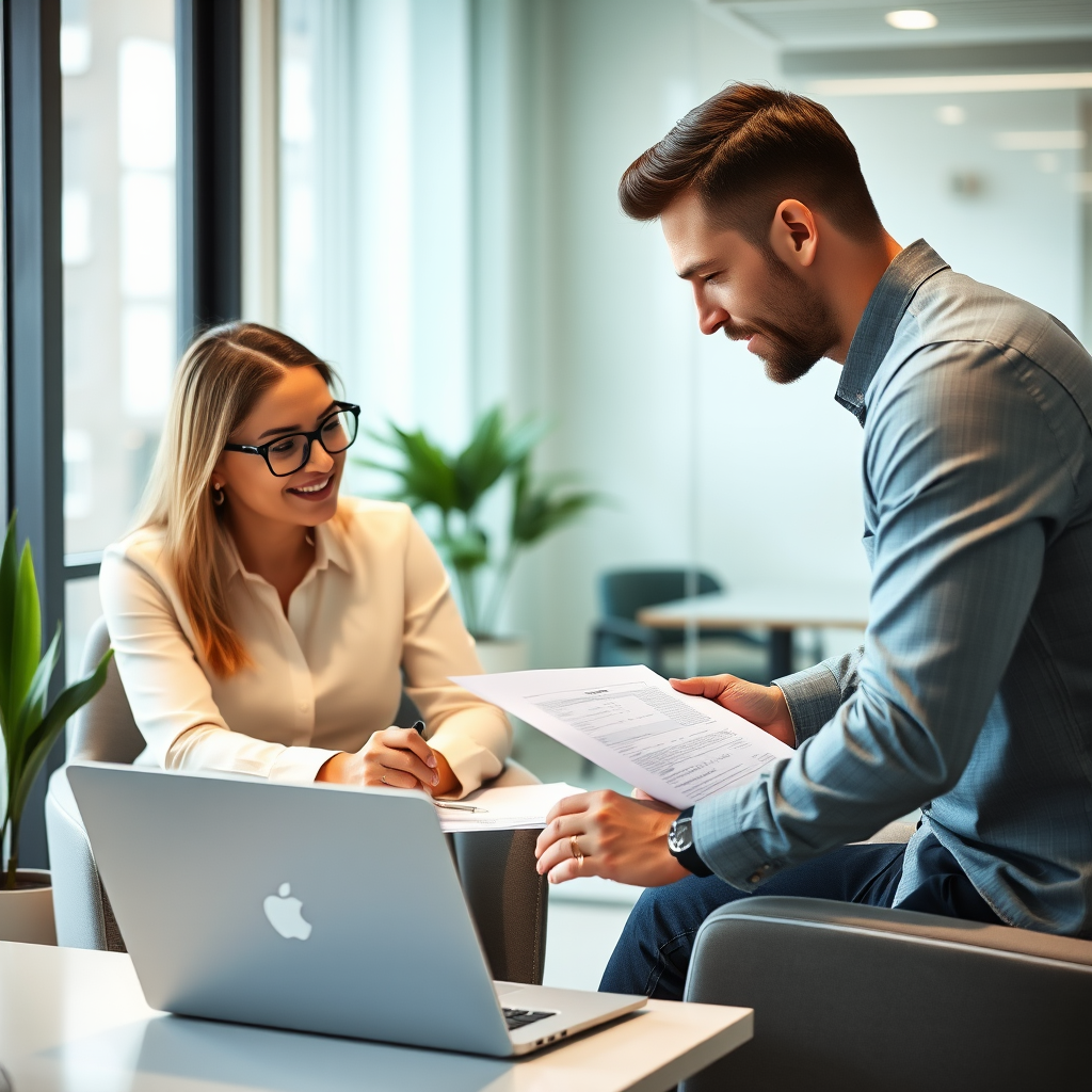 Professional financial consultant meeting with client in modern office, reviewing personal loan documents and discussing lending options on laptop
