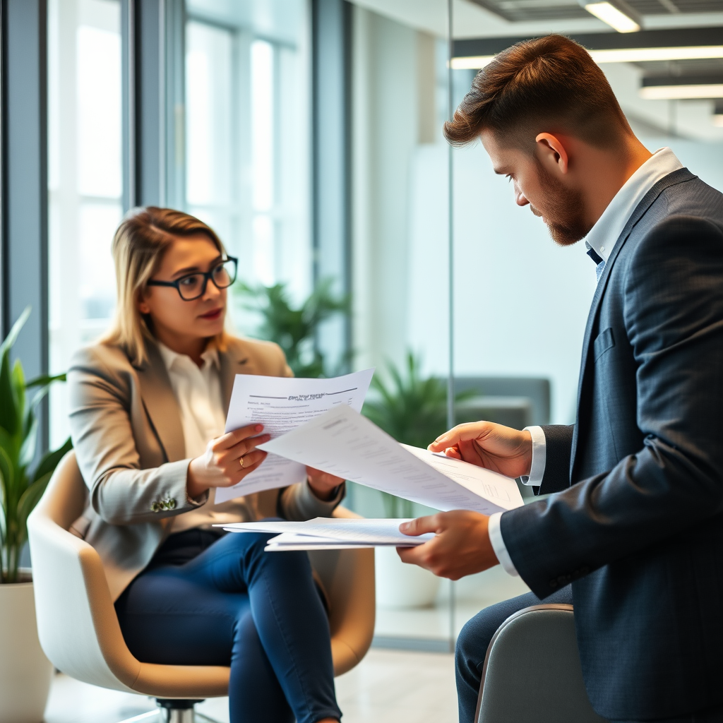 Professional business consultant reviewing financial documents with business owner in modern office setting, discussing loan applications and financing options