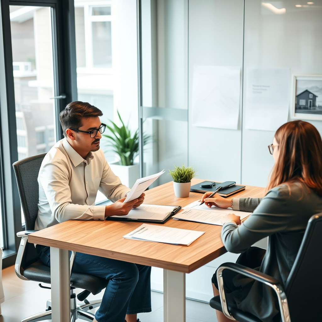 Professional mortgage advisor meeting with clients at a modern office desk, reviewing home loan documents and financial paperwork