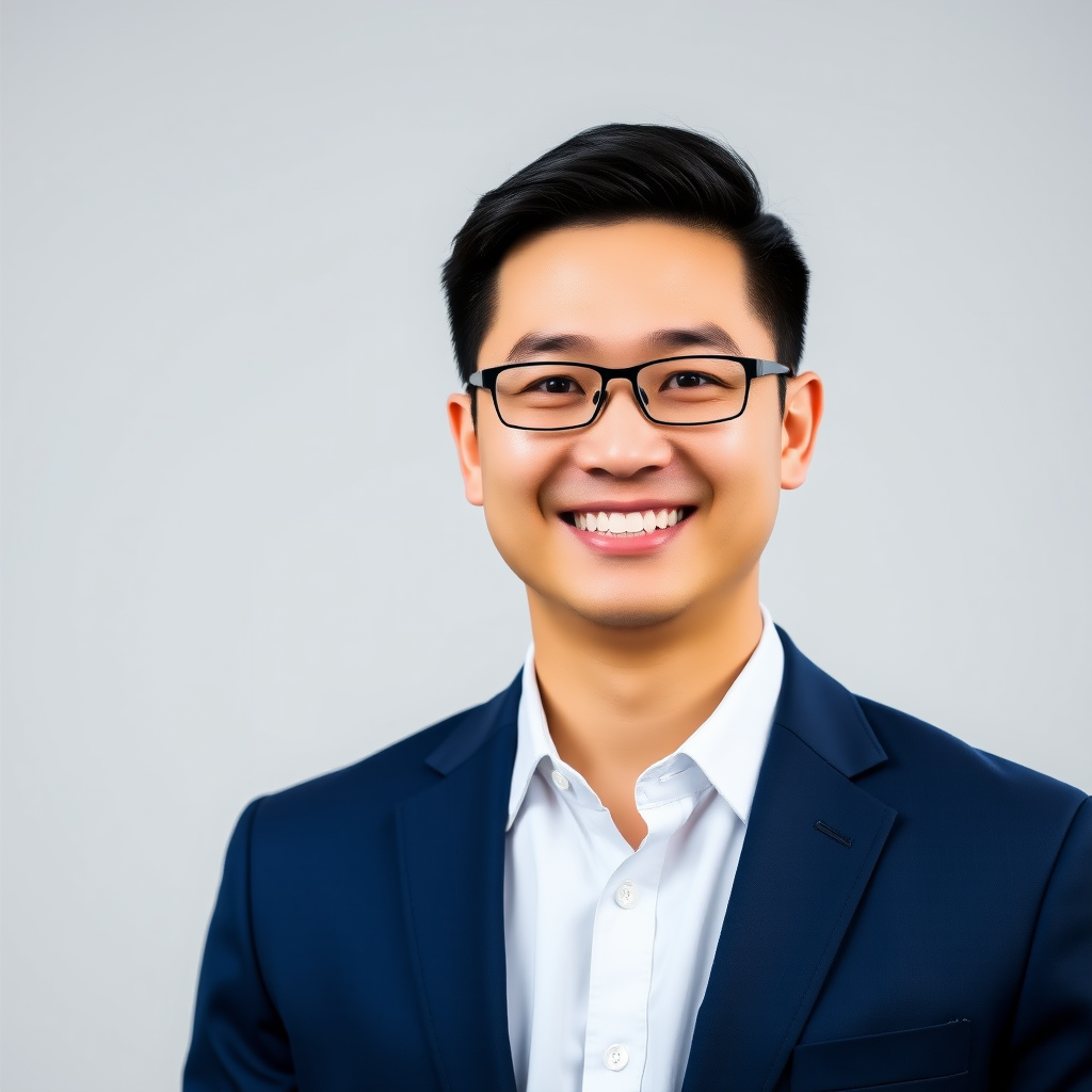 David Chen Professional Headshot - Strategic Planning Specialist wearing a navy blue business suit with confident smile, professional studio lighting against neutral background