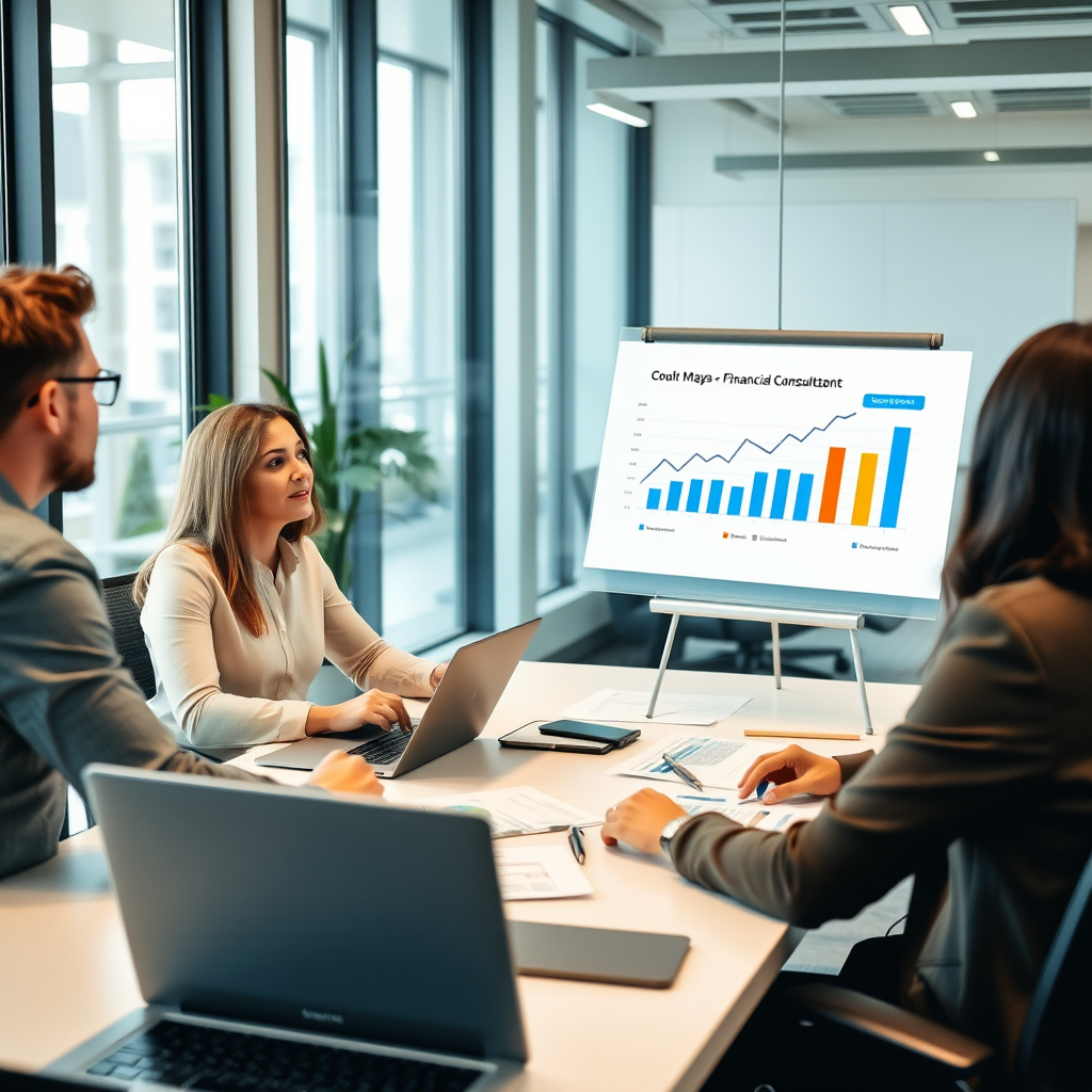 Business meeting with financial consultant presenting growth charts and financing options to entrepreneurs in modern office setting with laptops and financial documents
