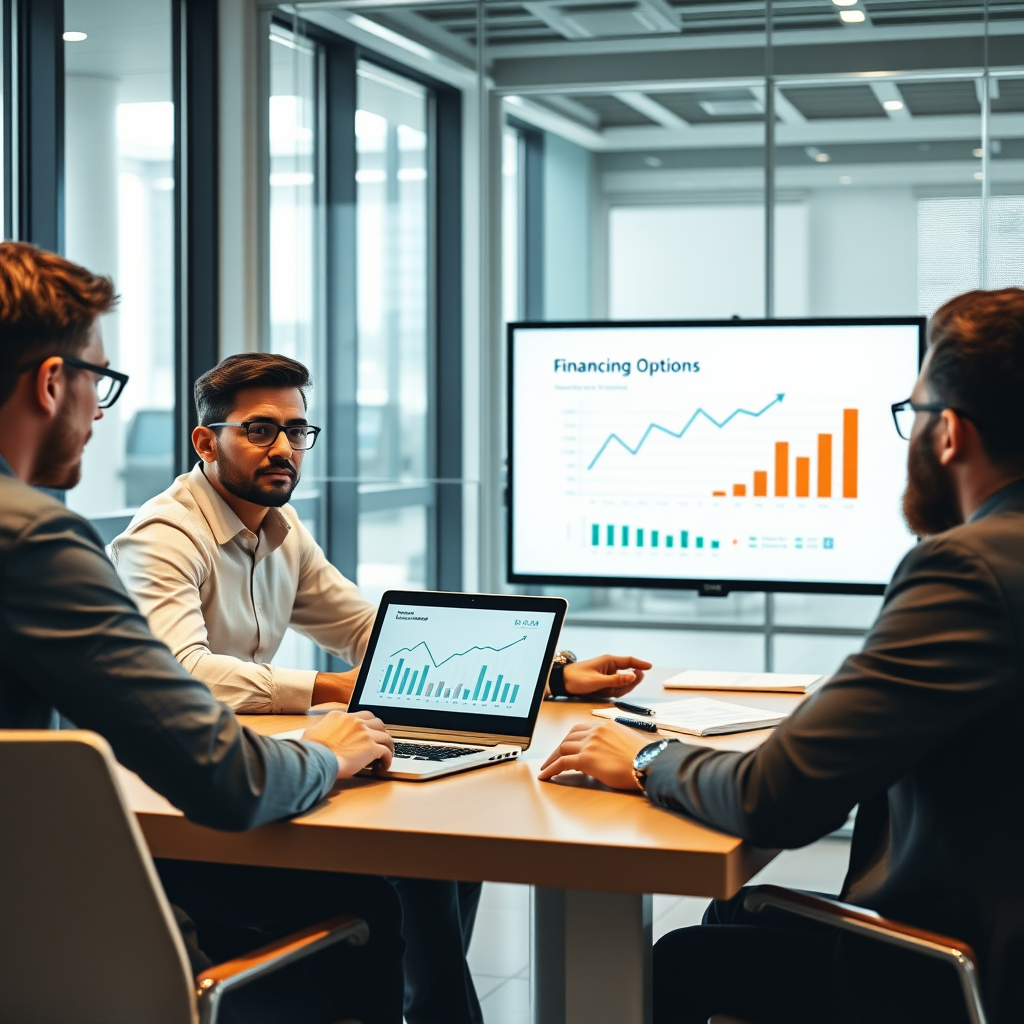 Business meeting with entrepreneurs discussing financing options, laptop showing financial projections and growth charts in modern conference room
