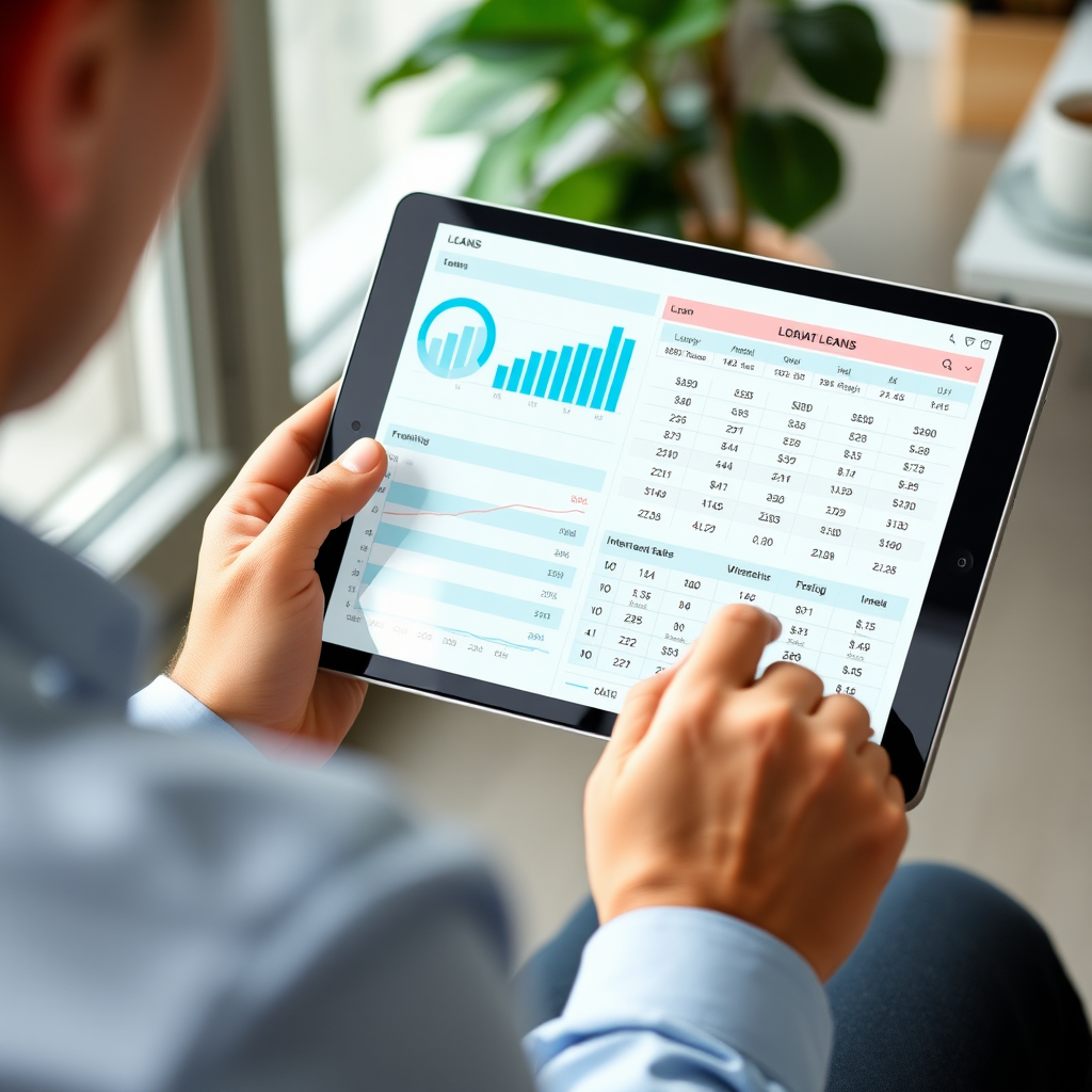 Financial advisor showing detailed loan comparison charts and interest rate analysis on tablet screen to help client choose best lending option