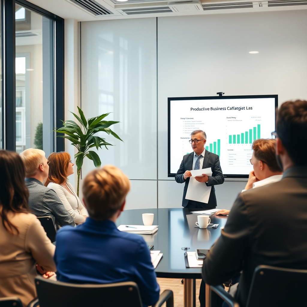 Business financing consultant presenting loan options and financial strategies to diverse group of business owners in professional conference room