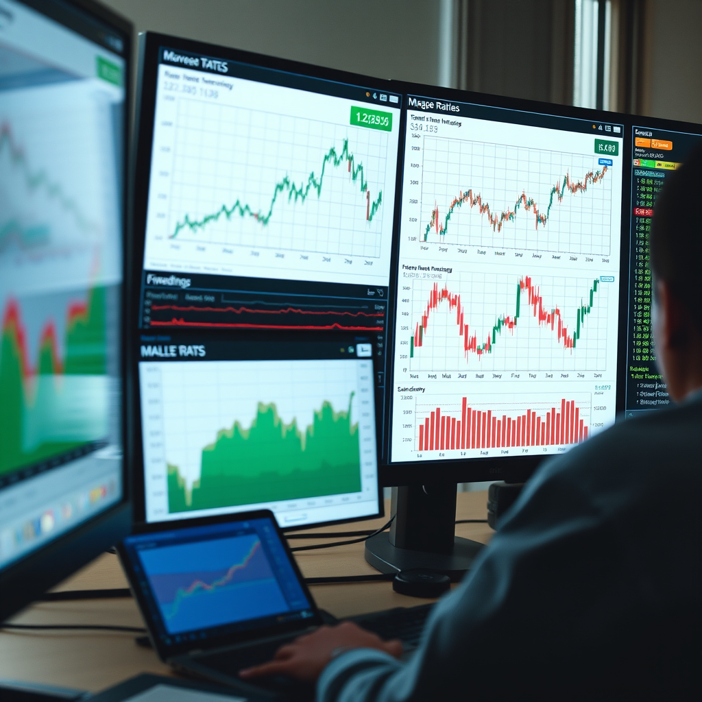 Financial charts and graphs showing mortgage interest rate trends and market analysis on computer screens