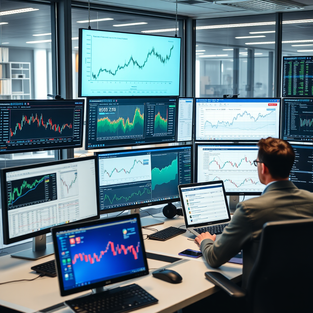 Multiple computer screens displaying financial charts, interest rate trends, and market analysis graphs in a modern consulting office environment