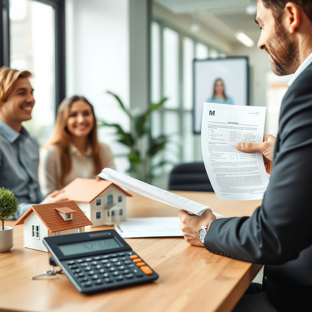 Real estate advisor showing house keys and mortgage documents to happy family, home model and financial calculator on table in bright office