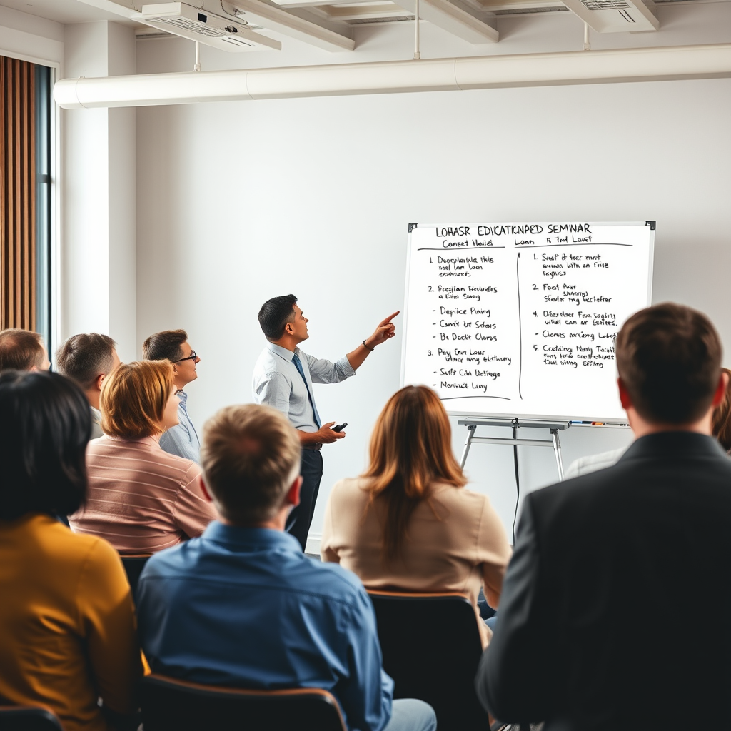 Diverse group of people attending a mortgage education seminar with presenter explaining different loan programs on a whiteboard