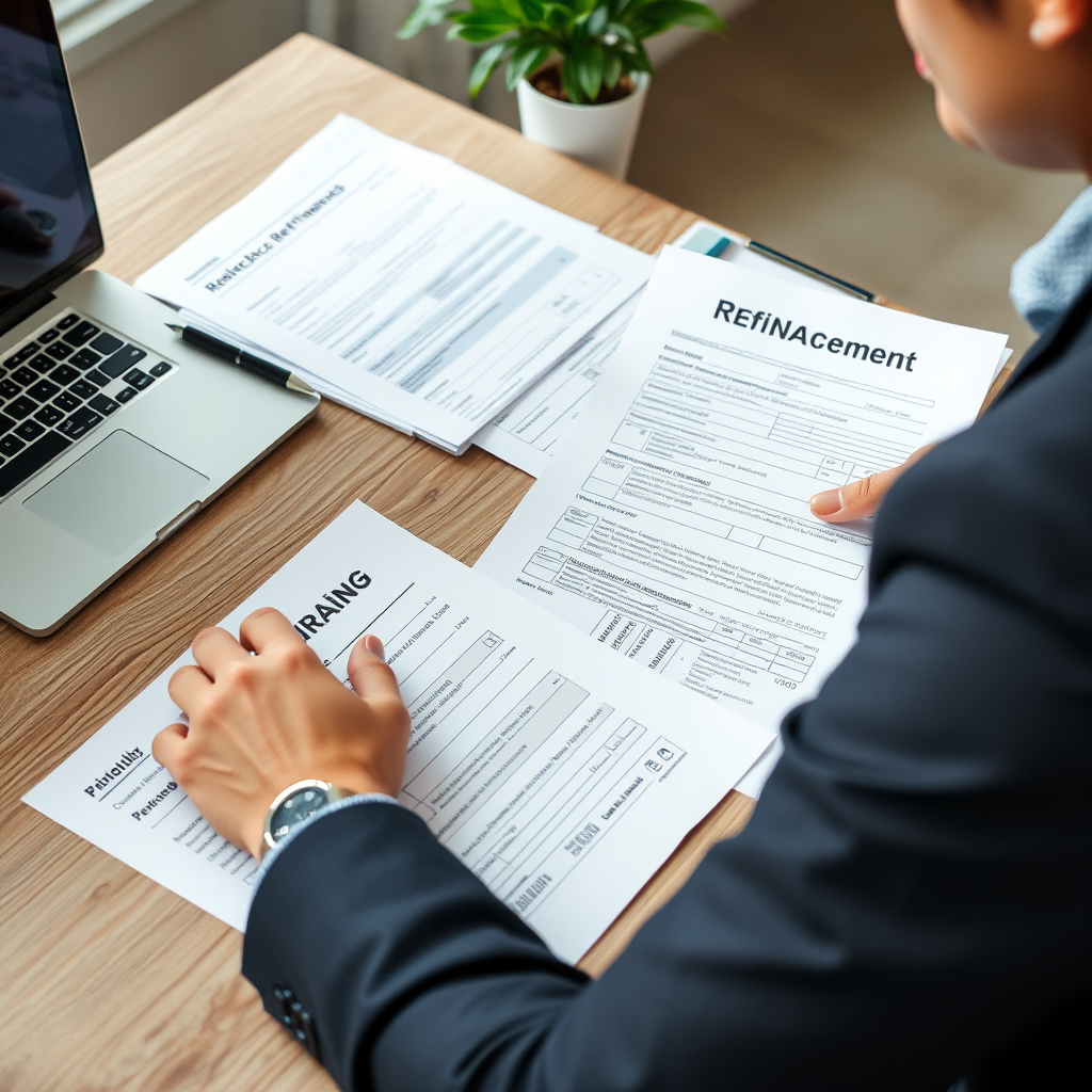 Professional consultant organizing mortgage refinancing documents, financial paperwork, and application forms on a desk with laptop computer