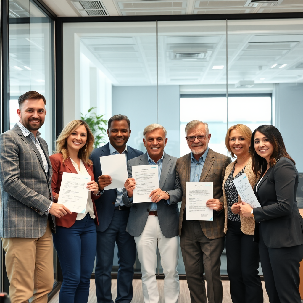 Team of professional mortgage consultants in a modern office celebrating successful refinancing completion with satisfied homeowner clients, showing completed documents and handshakes